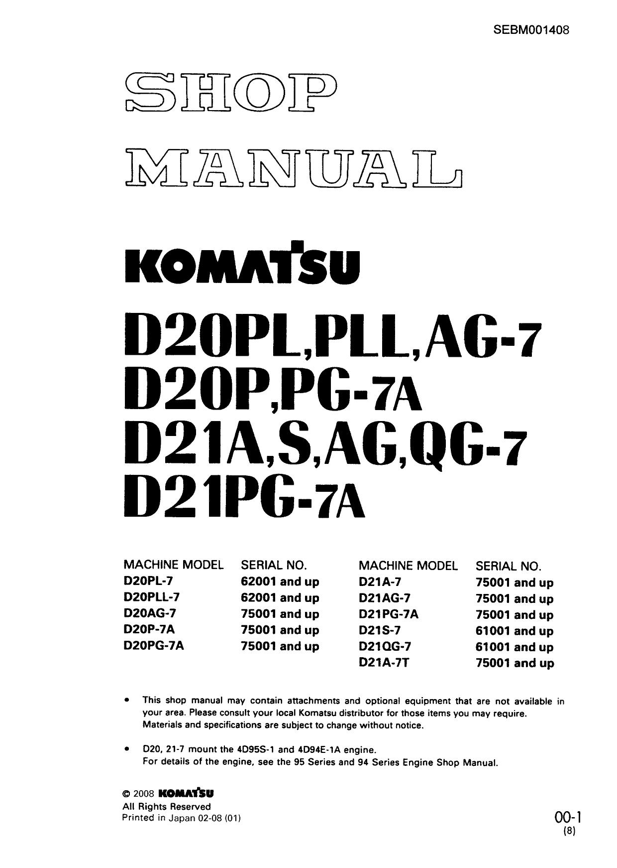 D20PL-7 D20AG-7 D20P-7A D20PLL-7 D20PG-7A D21A-7 D21AG-7 D21PG-7A D21S-7 D21QG-7 D21A-7T Shop Manual